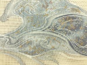 アンティーク　絽綴れ波に枝葉・鳥模様織出し名古屋帯